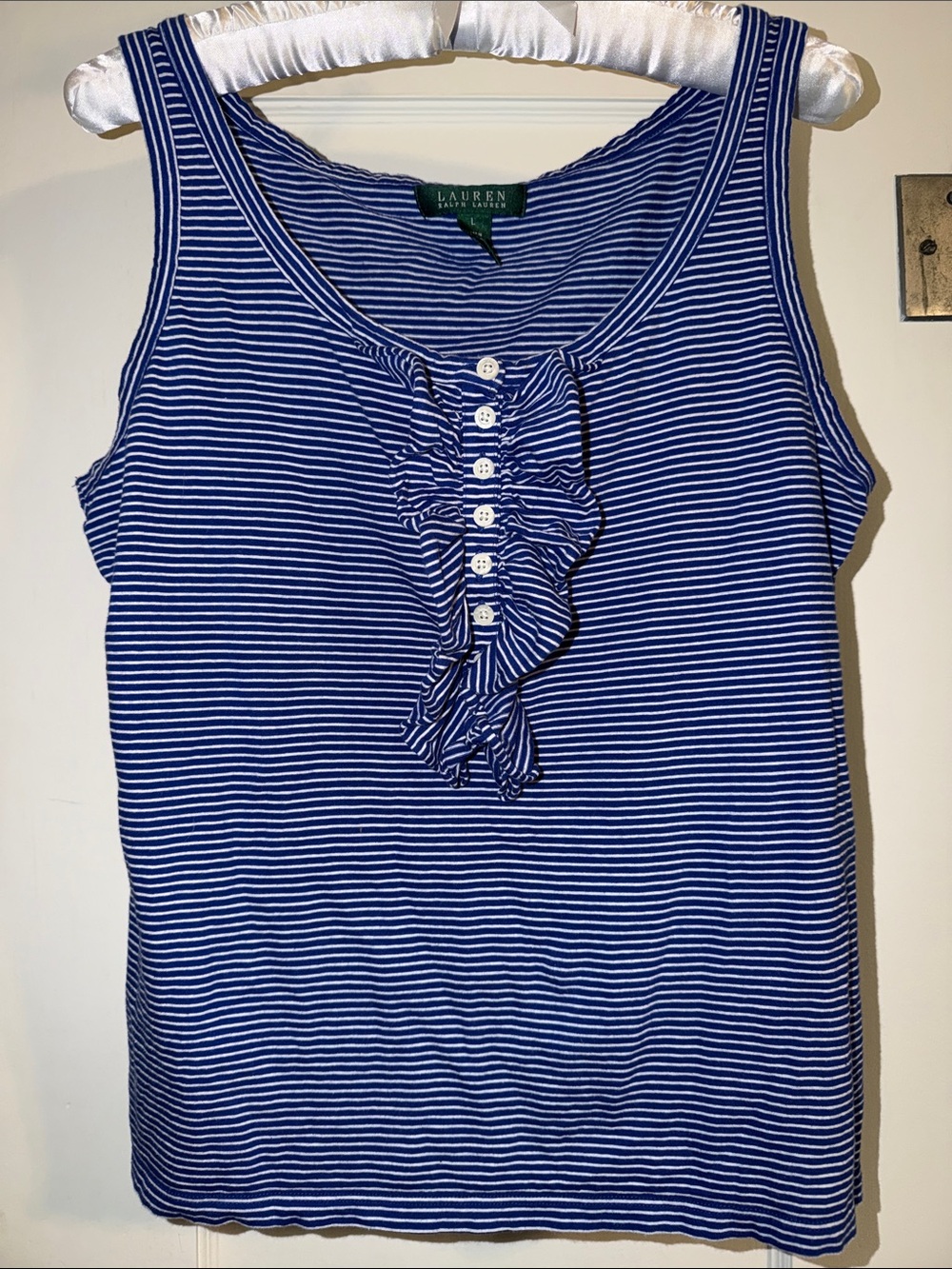 Ralph Lauren Sleeveless Tank Tee, Ruffle & Button Up Front, Blue & White Stripes